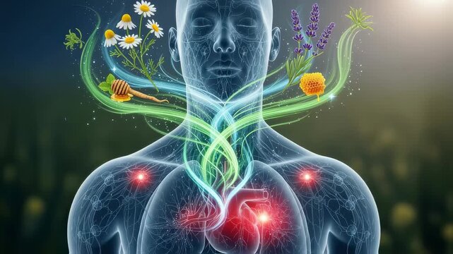A conceptual illustration showing the interaction between inflammation in the human body and the effects of natural remedies on anxiety relief and improved sleep quality. Cinematic