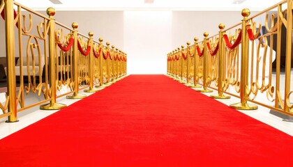 Golden stanchions line a luxurious red carpet leading to a bright future.