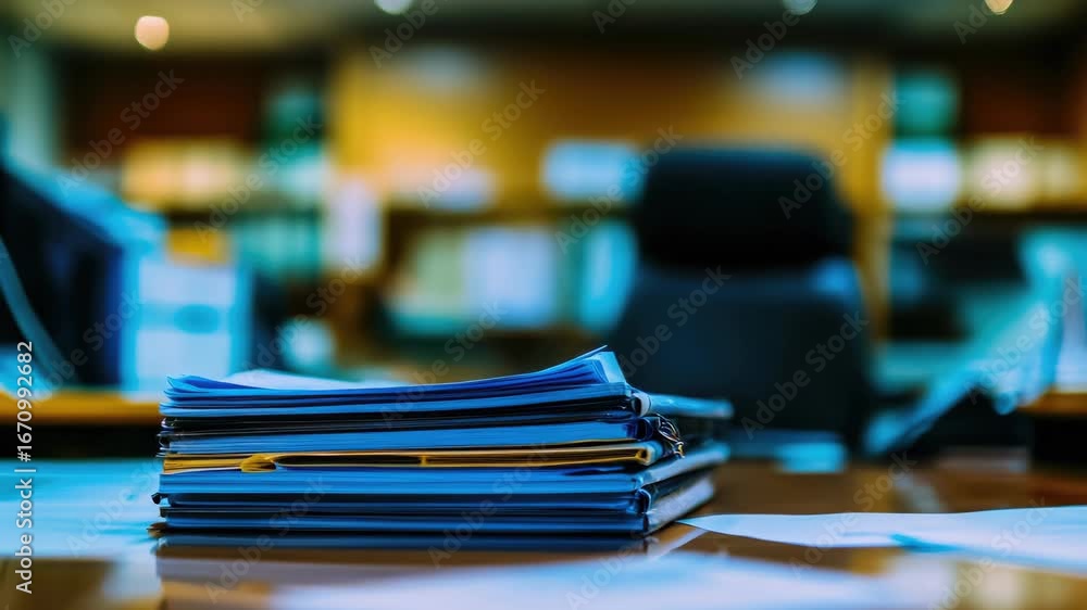 Poster desk with stack of folders and papers, indicative of a busy office environment.