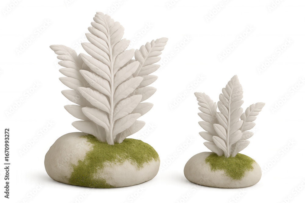 Poster 3d rendering of white fern leaves growing on stones with transparent background, creating a minimali