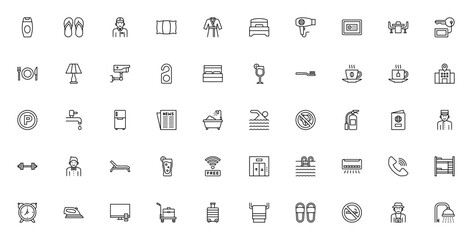 Hotel icon set. Vector illustration of hospitality smbols including shampoo, fip flops, bed, breakfast, wimming pool, wifi, and moe for travel and service.