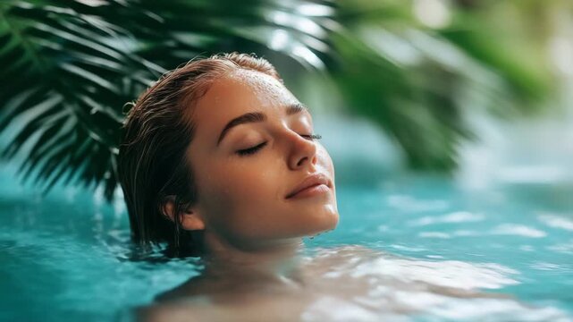 Woman water pool relaxation tropical face closed eyes wet hair calm leisure enjoying peaceful moment surrounded by tropical greenery clear blue water expressing calm serenity leisure and calm