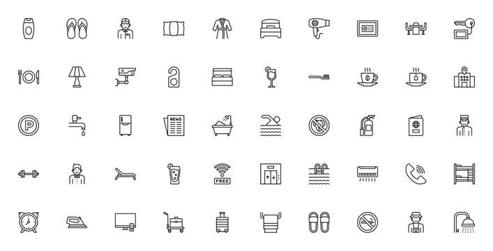 Hotel icon set. Vector illustration of hospitality smbols including shampoo, fip flops, bed, breakfast, wimming pool, wifi, and moe for travel and service.