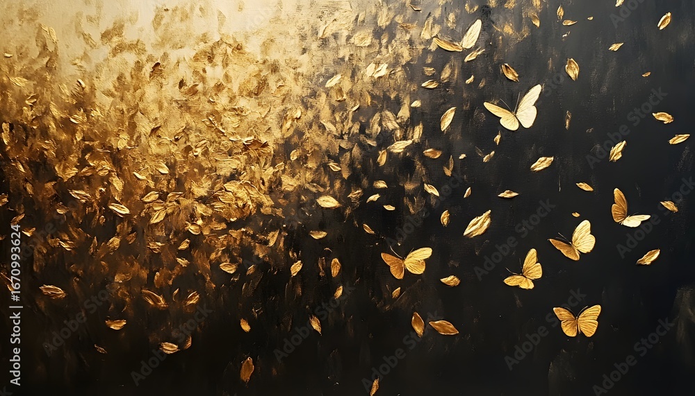 Poster the illustration showcases a dark canvas with gold butterflies and leaf-like shapes scattered across
