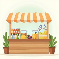 Juice Stand with Fresh Fruit Drinks in Glass Jars