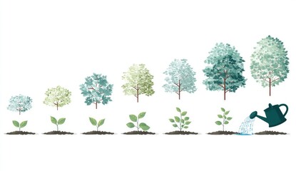Stages of tree growth, from seedling to mature tree, watering