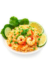 Classic Shrimp Fried Rice with Peas, Carrots, and Lime Garnish &ndash; Asian Fusion Recipe