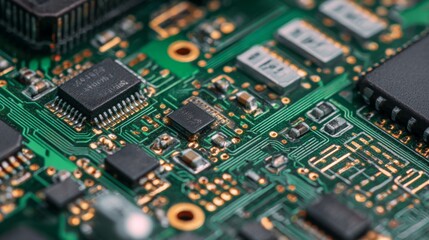 Detailed closeup, green printed circuit board with intricate electronic components and soldering