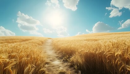 A dirt path cuts through a field of ripe, golden wheat under a mostly sunny sky with fluffy white clouds.