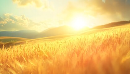 Obraz premium The image shows a wide expanse of golden wheat illuminated by the bright setting sun, with rolling hills in the background