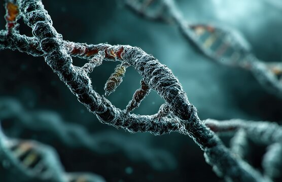 Dark, textured DNA strands against a blurred background