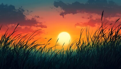 The illustration shows a landscape with tall grass silhouetted against a vibrant sunset with orange and red hues in the sky.