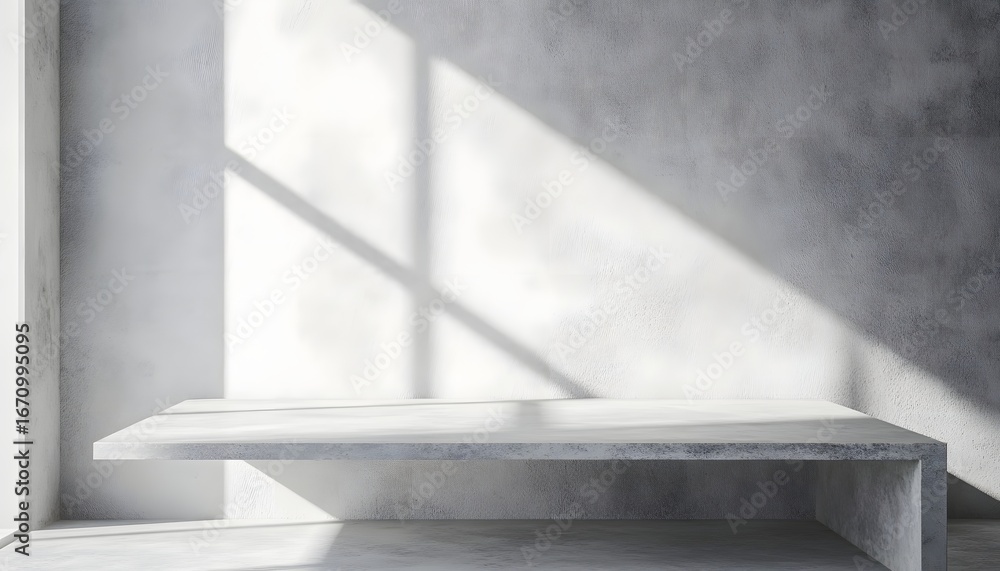 Poster a minimalist image shows an empty concrete shelf against a textured white wall, illuminated by sunli