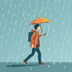 Person Walking Under Umbrella in the Rain Illustration
