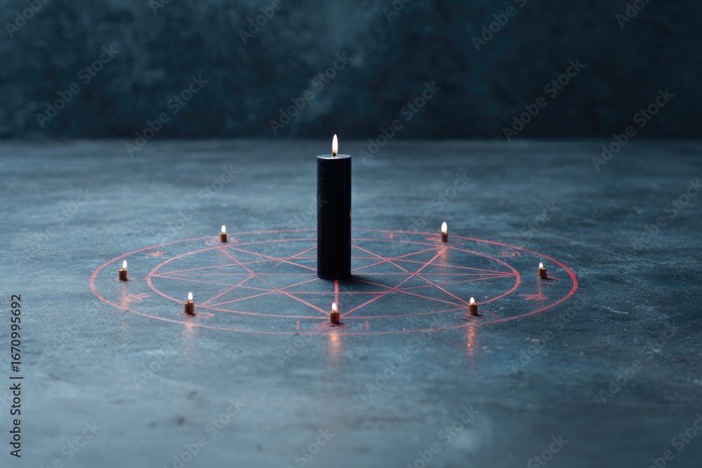 Poster mysterious altar with glowing candles, surrounded by intricate r