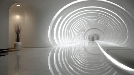 Obraz premium White, circular hallway with reflective floor