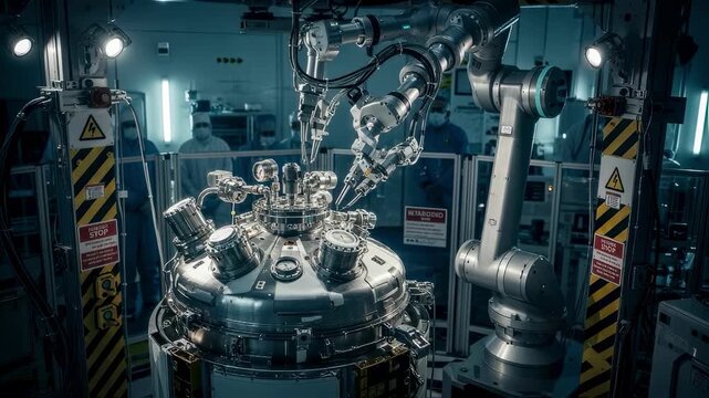 Robotic arm precisely handling satellite xenon tank connections in a classified fueling bay with stringent safety protocols.