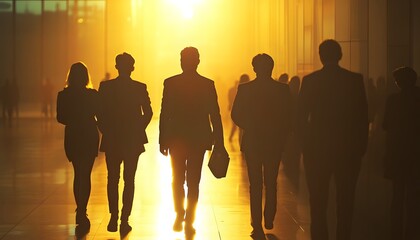 The image shows several business professionals walking away from the camera toward a bright, golden light source in an indoor setting.