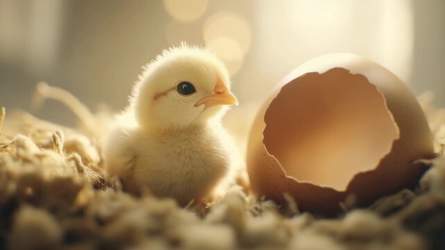 Newborn chick with soft yellow feathers beside broken eggshell on straw bedding bathed in warm natural light capturing gentle peaceful moment of early life on farm poultry animal baby bird fluffy egg