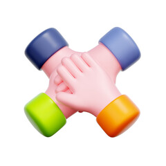 3D icon of four hands coming together in unity. For teamwork, social responsibility, community engagement, collaboration for sustainability.