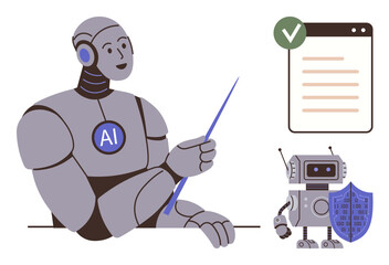 AI robot presenting with a pointer, checklist with tick mark, and safety robot with shield. Ideal for technology, AI education, cybersecurity, productivity, teamwork, data integrity future
