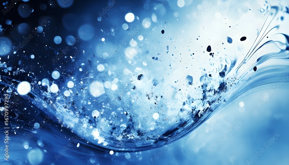 Poster the illustration shows an abstract blue wave with a bokeh effect and many light particles floating a