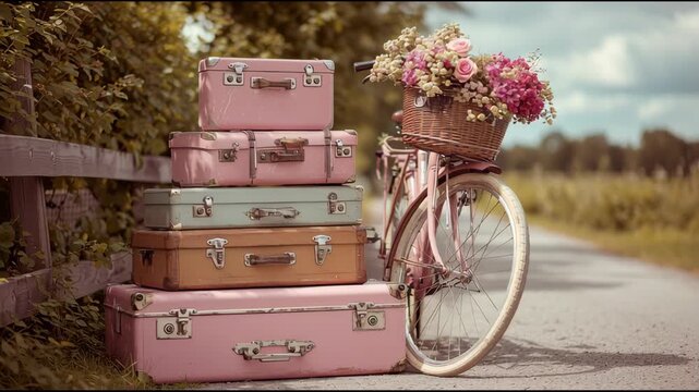 A vintage bicycle adorned with a basket of colorful flowers rests beside a stack of pastel luggage on a rural pathway.