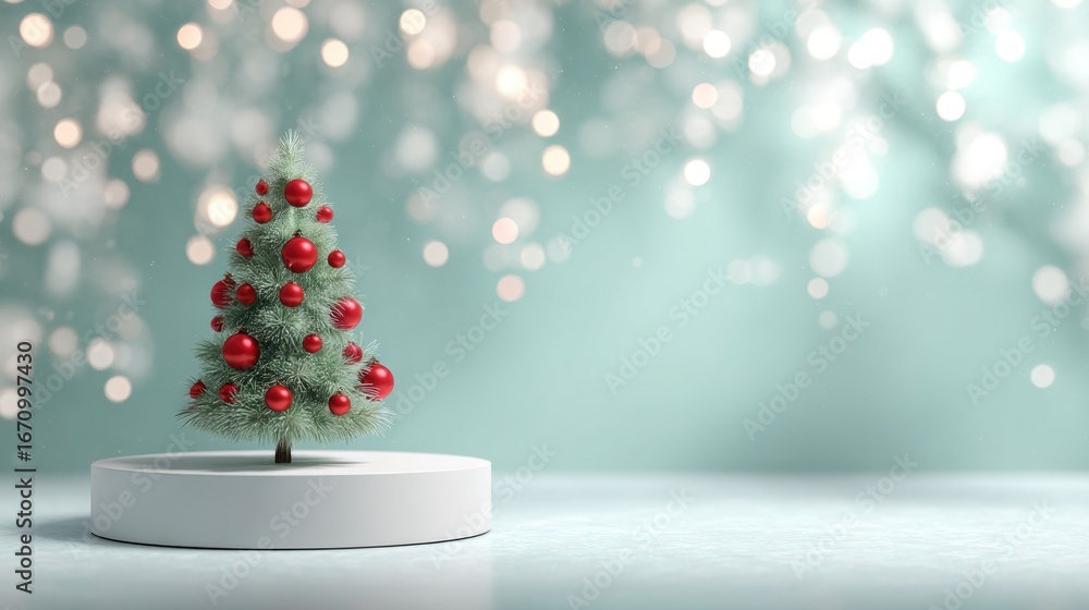 Poster and keyword list based on the image miniature christmas tree with red ornaments on a pedestal, illum