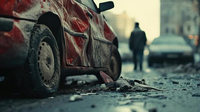 Wrecked cars on street, indicative of car accident or vandalism. Emergency response needed to secure area.