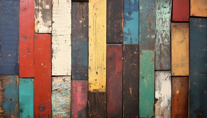 The image shows a wall of various colorful wooden planks with a variety of paint colors and textures.