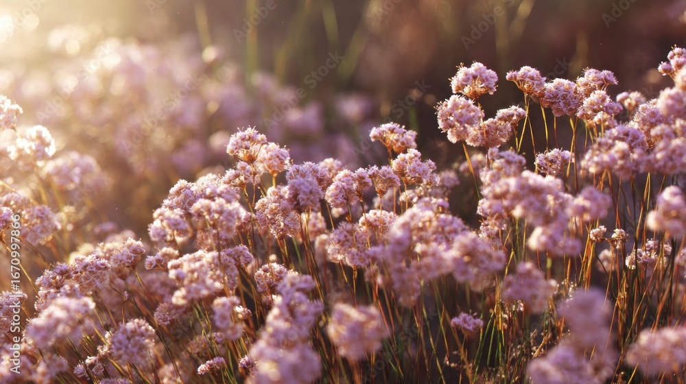 Poster and keyword list based on the image provided close-up view of delicate wildflowers bathed in golden 