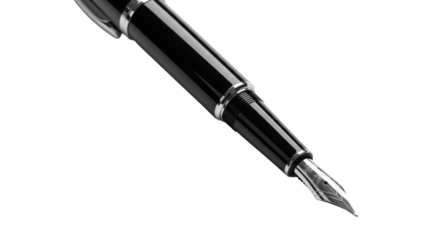Elegant black fountain pen with silver details on black background