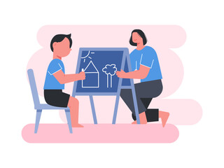 Little boy sitting on chair drawing on board with mom. Mother illustrations. Flat vector illustration.