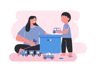Mom and little boy cleaning up toys to put in box. Mother illustrations. Flat vector illustration.