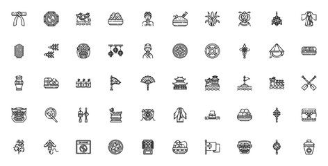 Dragon Boat Festival icon set. Vector illustration faturing symbols for zongzi dragon boat race, Chineselantern, yin yang, and mor. Editable stroke.