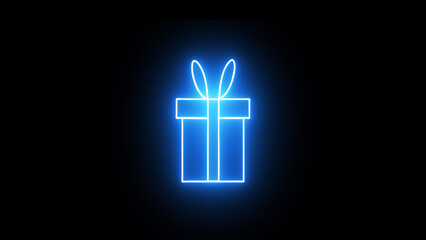 blue neon gift box black background.