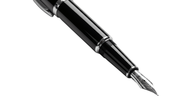 Elegant black fountain pen with silver details on black background