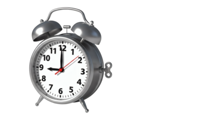Traditional silver alarm clock with two bells set for midnight
