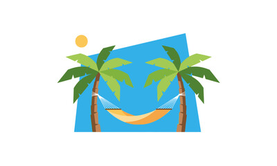 Colorful flat illustration of two tropical palm trees with a yellow hammock and sun.
