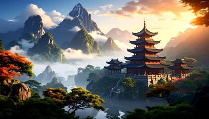 Asian temple nestled in mountains
