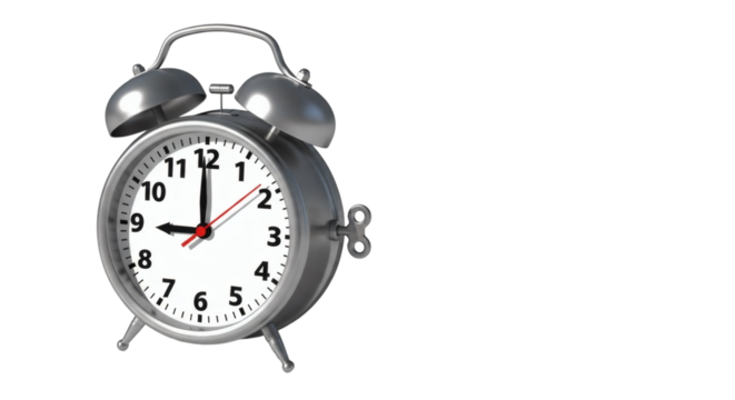 Traditional silver alarm clock with two bells set for midnight