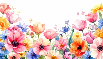 Vibrant watercolor painting of a colorful spring flower border