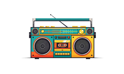 Colorful Retro Boombox Illustration with Dual Speakers and Cassette Player.