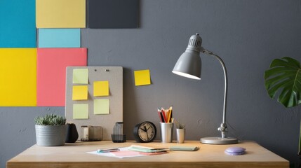 A minimalist workspace features a light wood desk with a desk lamp, stationery, plants, and colorful notes against a gray wall
