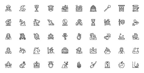 Fairytale icon set. Vector illustration. Includes sybols for pirate, castle, dagon, unicorn, fairy, magi wand, crown, sword, rainbw, and more.