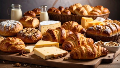 Assorted baked goods and cheeses