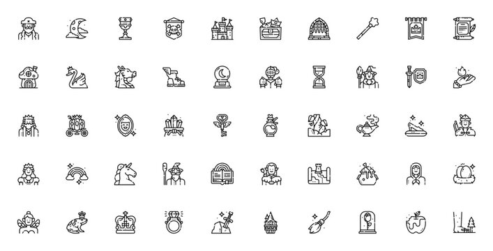 Fairytale icon set. Vector illustration. Includes sybols for pirate, castle, dagon, unicorn, fairy, magi wand, crown, sword, rainbw, and more.