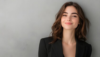 Fototapeta premium A young woman with shoulder-length brown hair and a pleasant expression is shown wearing a black blazer against a gray background.