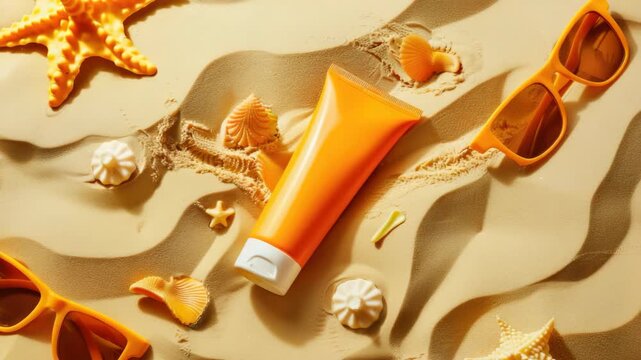 A collection of beach vacation items including sun protection and aromatherapy elements.