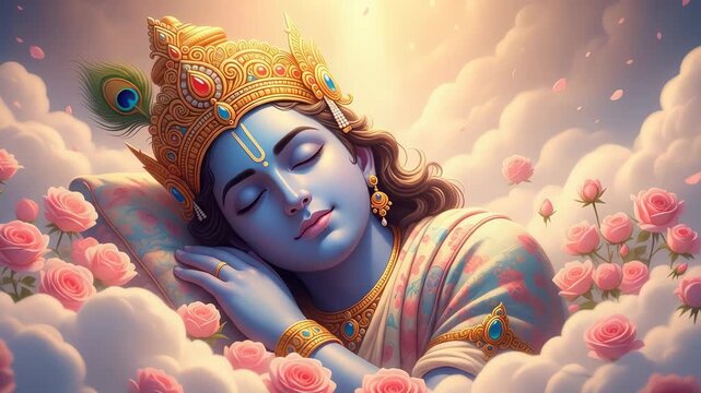 A serene depiction of lord krishna sleeping peacefully amidst clouds and roses, radiating divine love and tranquility in a spiritual dreamscape